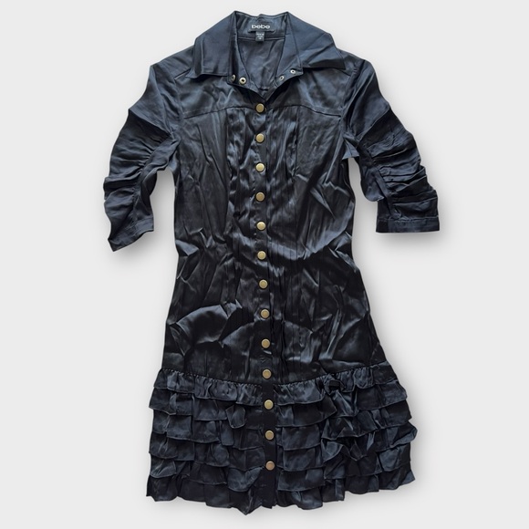 Black Satin Button Down Ruffle Dress – Size XS - Picture 2 of 4